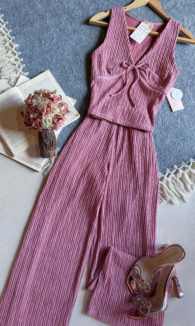 Conjunto Pantalon Rosa Blashe Largo Sin Manga Tela Corrugada